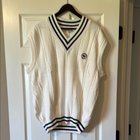 Wimbledon White with Green&Purple Stripes V-Neck Tennis Sweater - Picture 1 of 4